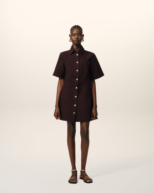 Burgundy Cotton Short Sleeve Shirt Dress