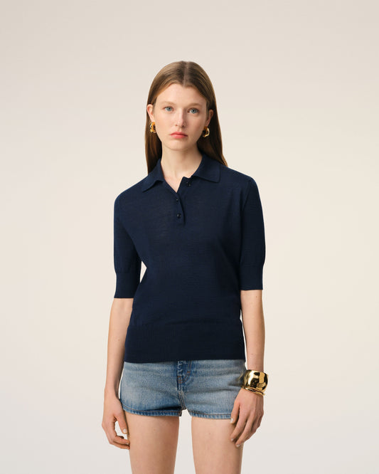 Navy Wool Silk Tonal Ami de Coeur Polo