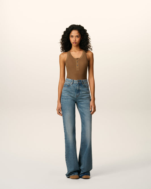 Brown Jersey Tanktop With Buttoned Placket