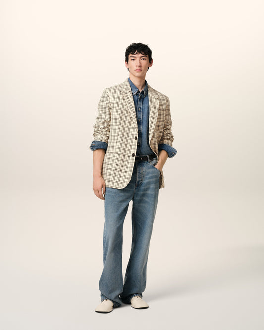 Beige Checked Wool Semi-Lined Jacket