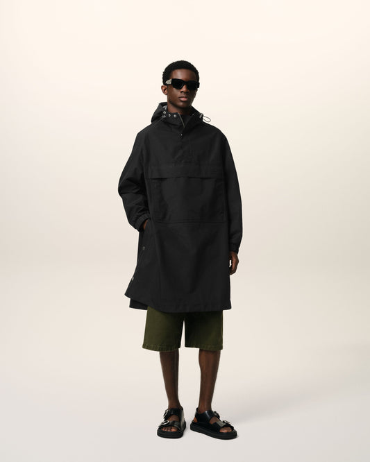 Black Water-repellent Long Hooded Windbreaker