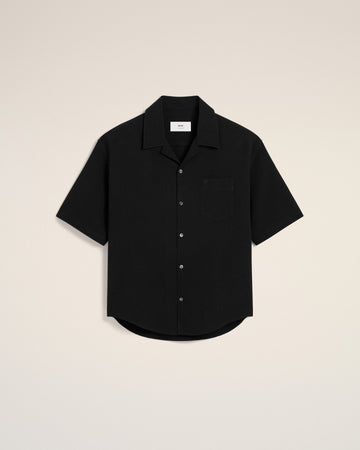 Black Cotton Camp Collar Short Sleeves Shirt