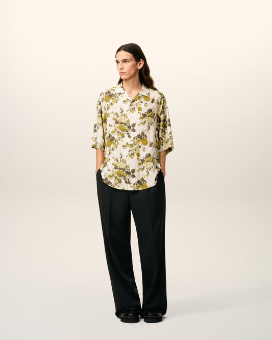 Green Flower Printed  Short Sleeved Ami Camp Shirt