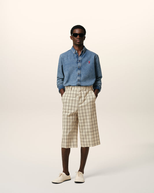 Beige Checked Wool Wide Bermuda