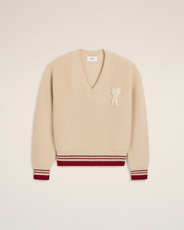 Beige Wool Ribbed V Neck Sweater