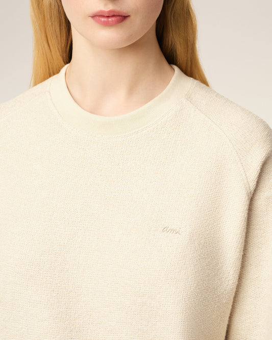 White Leather Raglan Sleeved Crewneck Sweatshirt