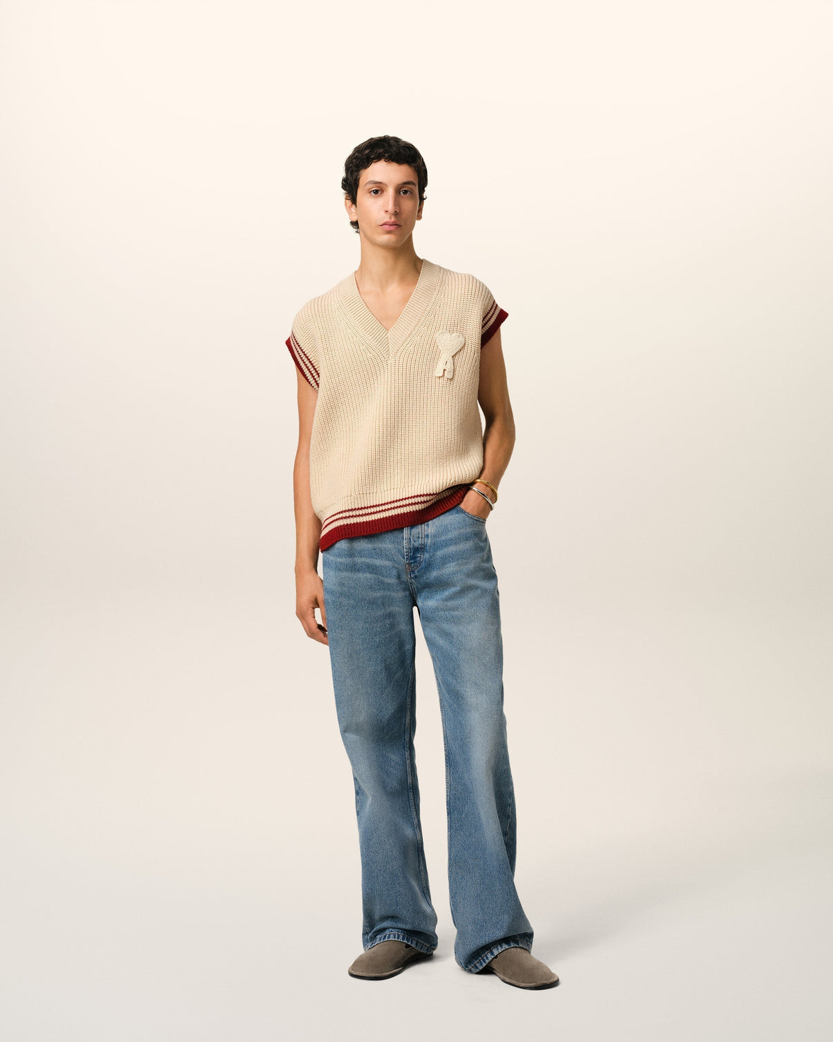 Beige Wool Ribbed Sleeveless V Neck Sweater