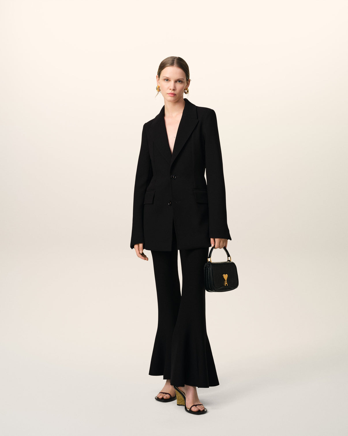 Black Wool Two Buttons Fitted Jacket